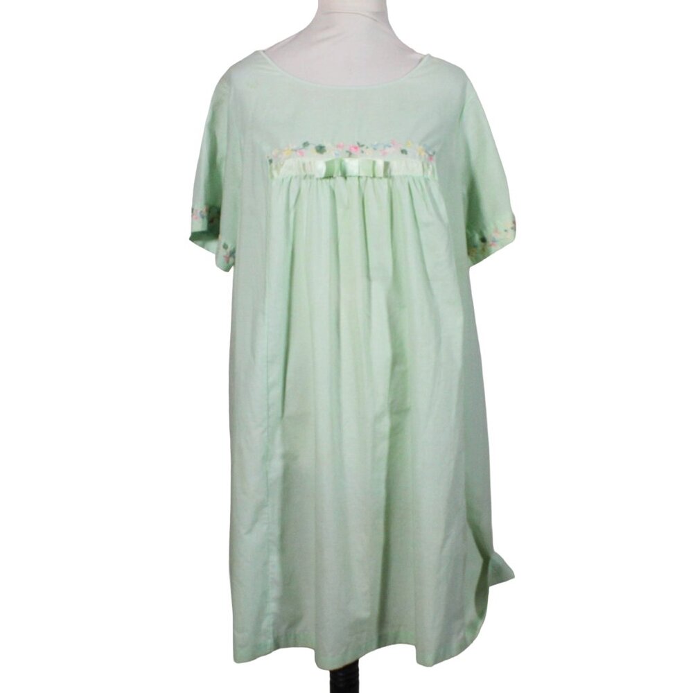 Vintage 1960s–70s Sears Pastel Green House Dress Floral Embroidery & Bow Detail